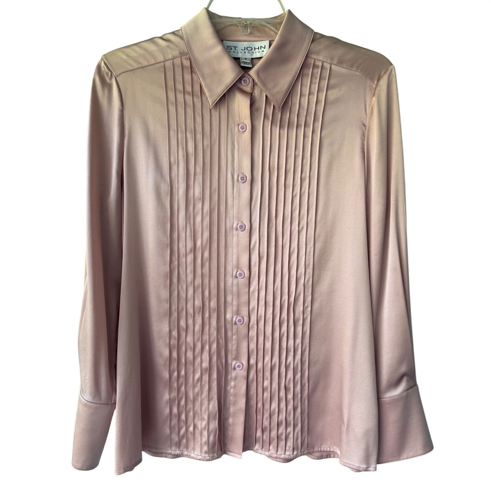 VINTAGE St. John Collection 95% Silk Pleated Button Down Blouse Pink Size 8